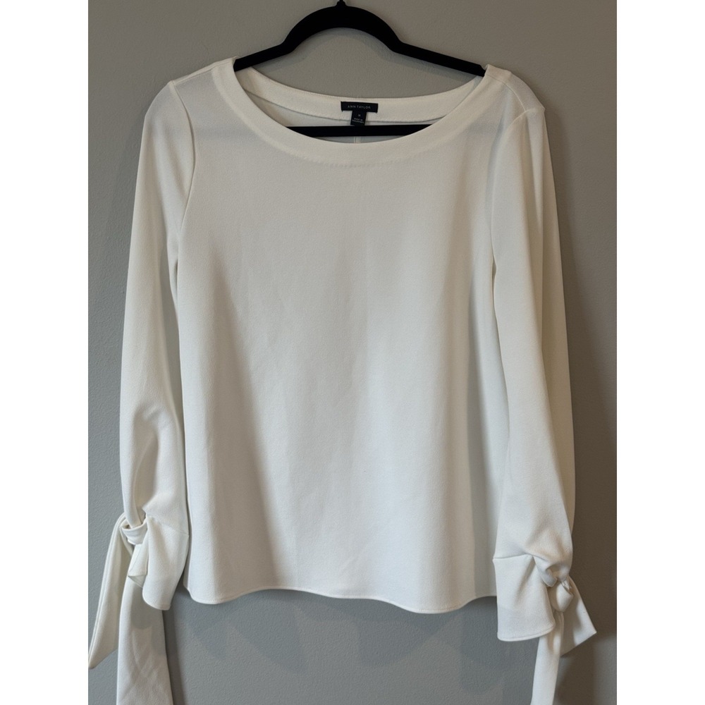 Ann Taylor Blouse Long Sleeve Tie Cuff Loose Fit Size Medium White
